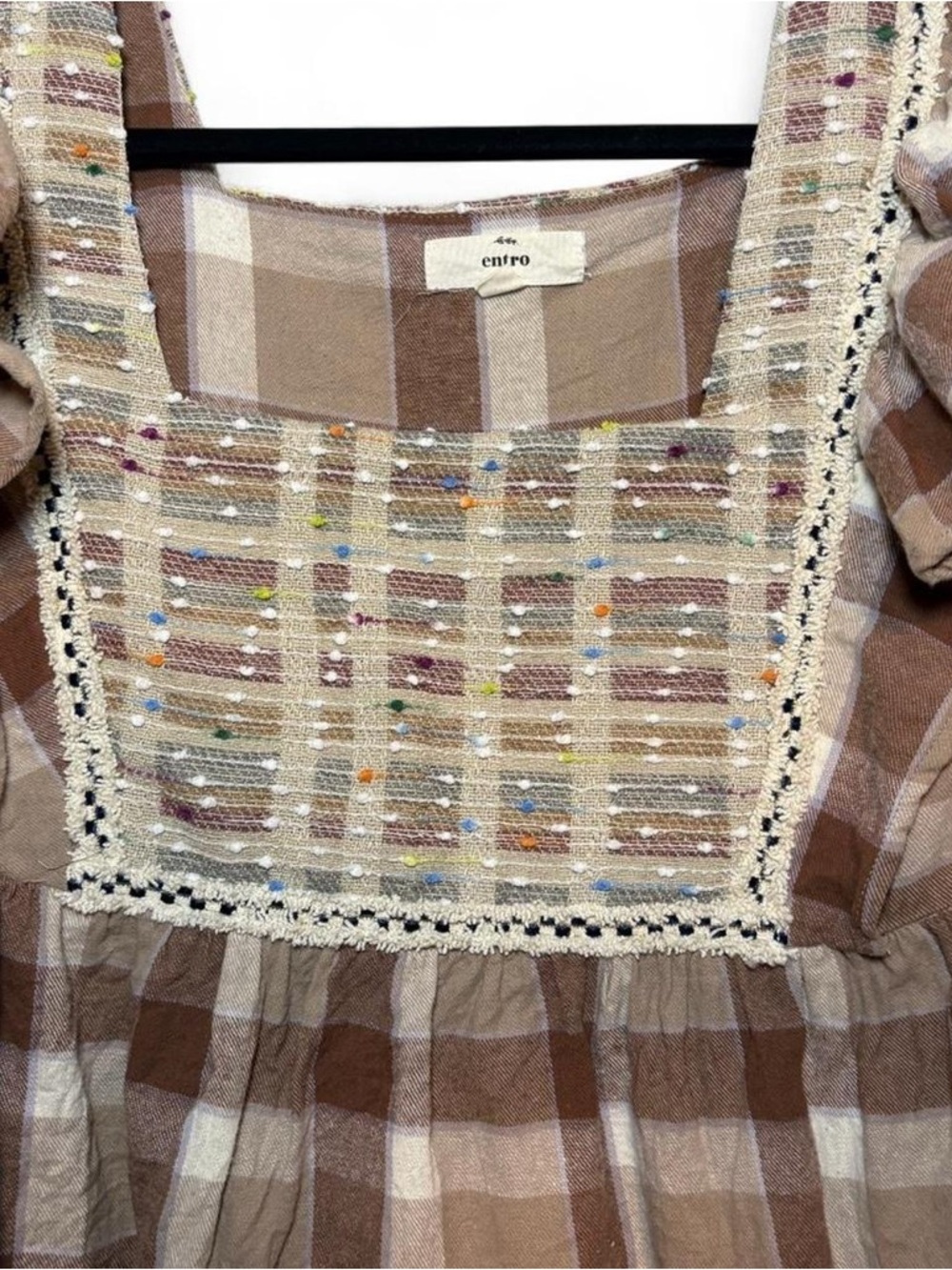 entro Brown and Cream Plaid Ruffle Peasant Top - Picture 3 of 7
